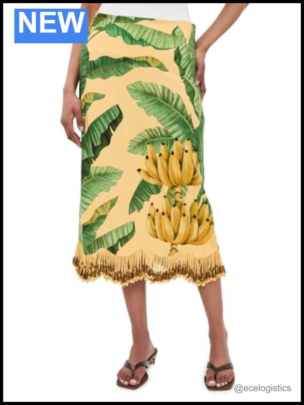 Fringe Trim Linen Maxi Skirt with Wooden Beads Hidden Zip